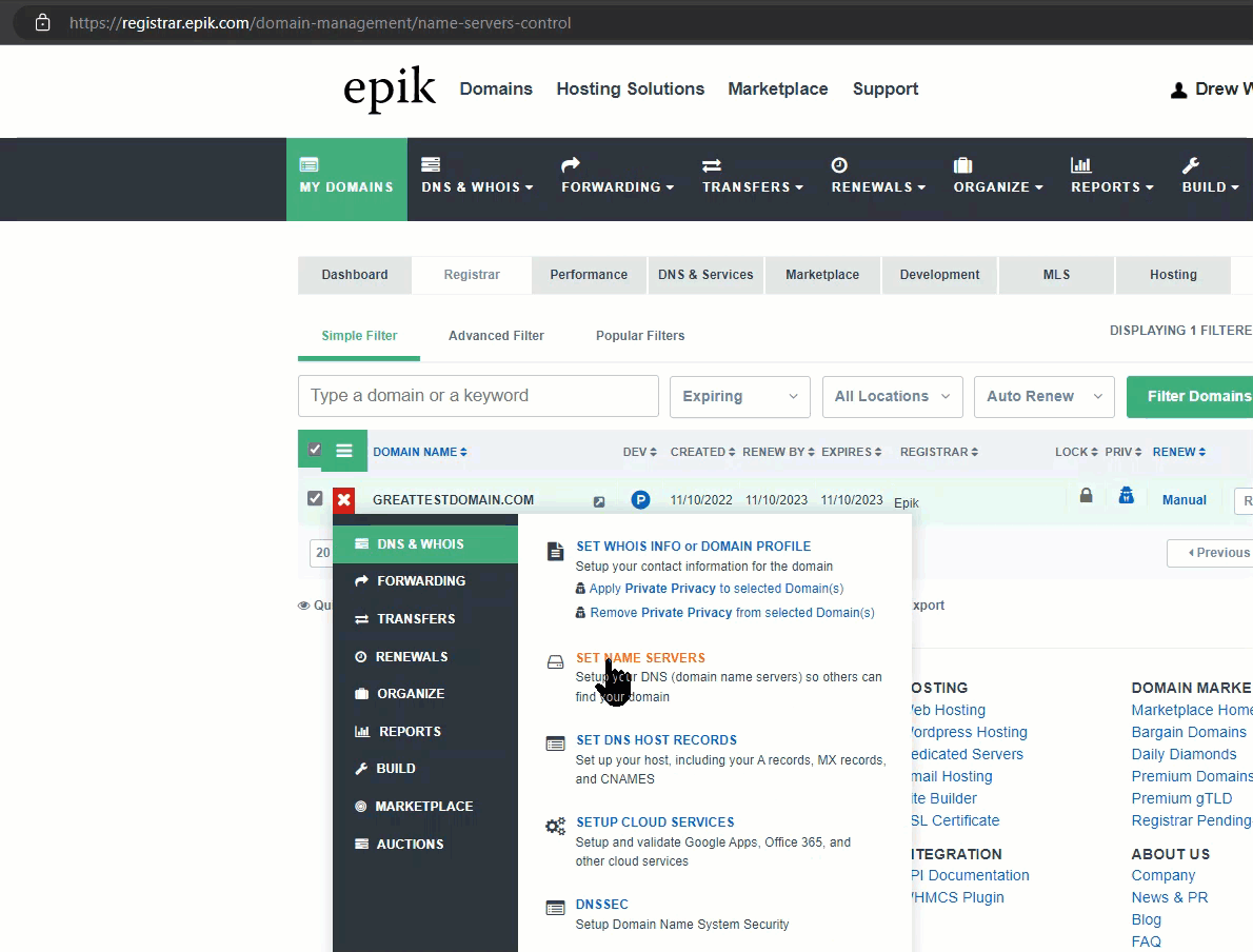 Epik Set Name Servers Screen